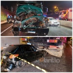 Fotos de Acidente entre carro e dois caminhões mata uma pessoa e deixa outras duas feridas, em Maringá