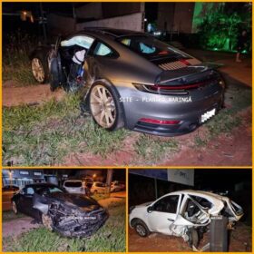 Fotos de Porsche avaliado em mais de R$ 1 milhão é destruído após motorista bater em quatro carros estacionados em Maringá