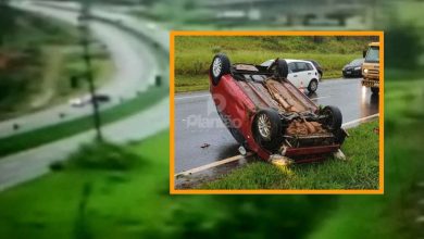 Fotos de Câmera de segurança registrou o momento em que dois carros capotam após colisão na rodovia BR-376