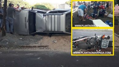 Fotos de Carro capota após batida com moto em cruzamento de Maringá