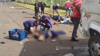 Fotos de Colisão entre caminhão e duas motos deixa três pessoas gravemente feridas em Maringá