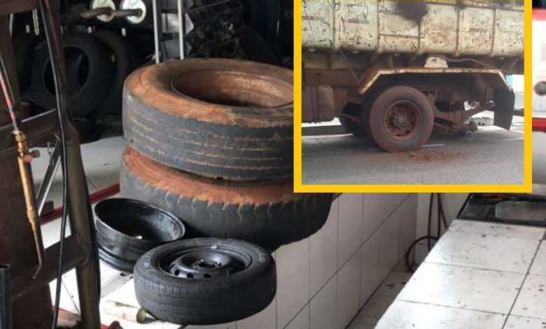 Fotos de Roda de caminhão se solta e atinge carro dentro de auto center em Maringá