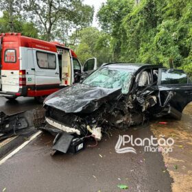 Fotos de Carro de luxo fica destruído após bater contra árvore em Maringá