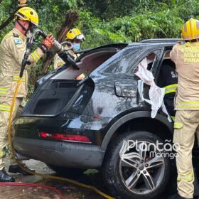 Fotos de Carro de luxo fica destruído após bater contra árvore em Maringá