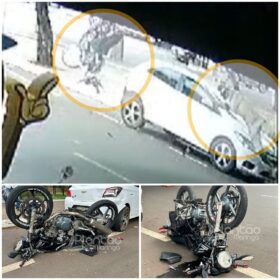 Fotos de Câmera registra momento em que motociclista bate em carro, é arremessado e cai após passar por cima do veículo, em Sarandi