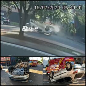 Fotos de Câmera registra colisão seguida de capotamento em Maringá