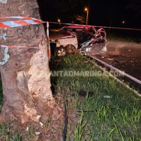 Fotos de Uma pessoa morreu e outra ficou ferida após carro bater em árvore em Maringá 