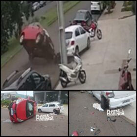 Fotos de Carro capota após colisão em Maringá; câmera de segurança registra acidente 