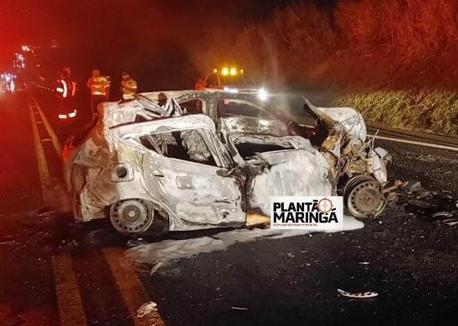 Fotos de Casal morre carbonizado após grave acidente envolvendo dois carros e ônibus na região de Maringá 