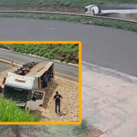 Fotos de Vídeo mostra carreta tombando no Contorno Norte em Maringá