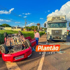 Fotos de Motorista fica gravemente ferido após capotar e bater de frente com caminhão em Maringá