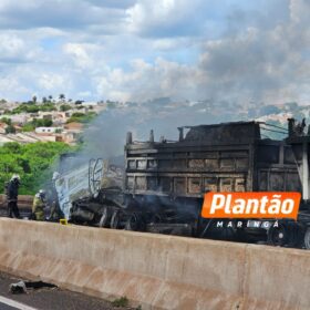 Fotos de Vídeo mostra carreta explodindo após colisão com dois caminhões em Maringá, duas pessoas morreram